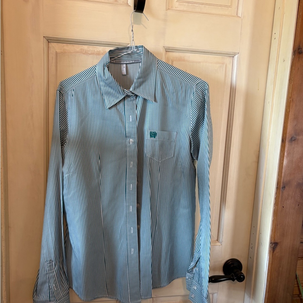 Cinch Women's Blue and White Striped Button-Up Shirt